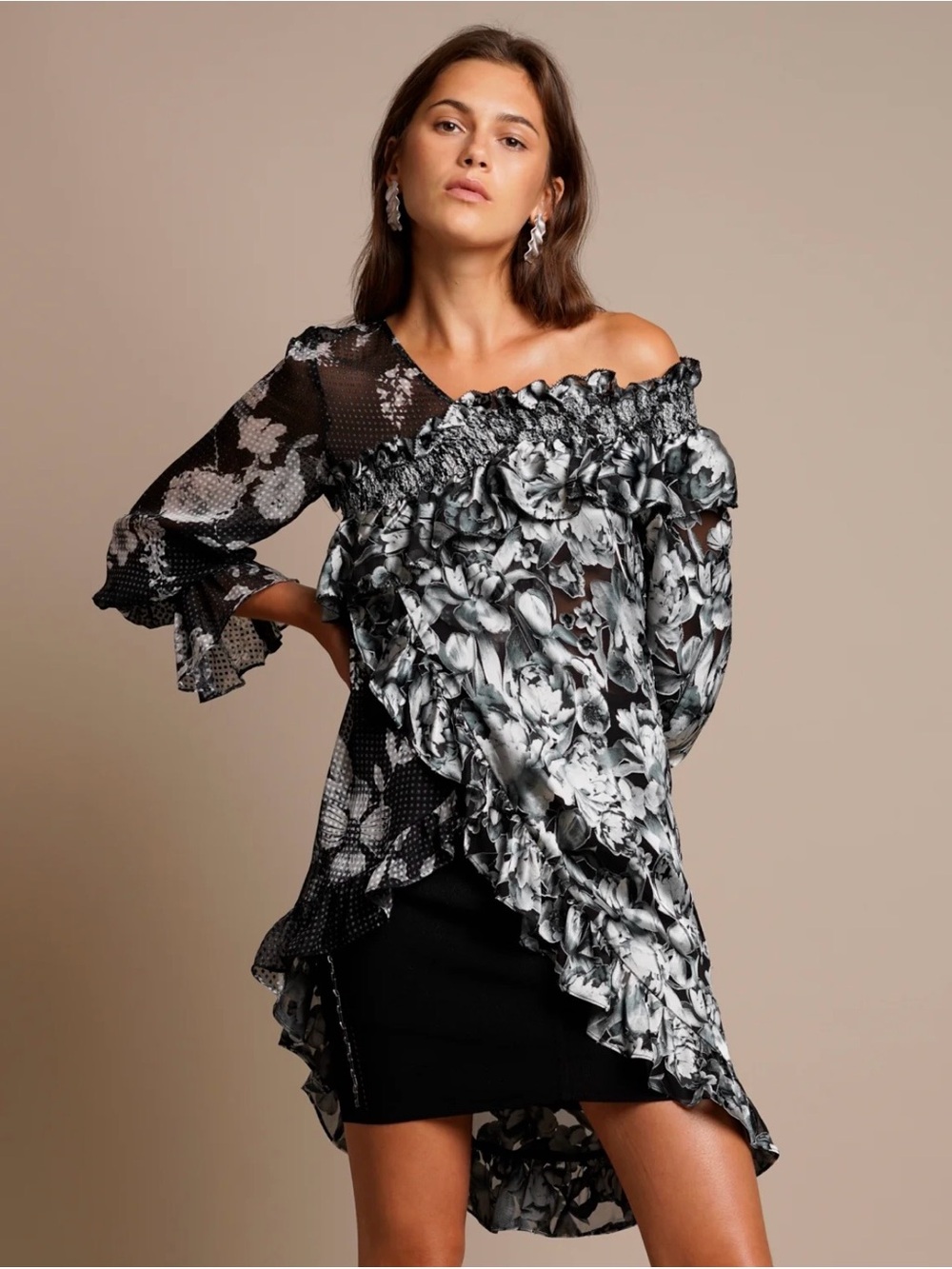 Silk Floral One-Shoulder Tunic